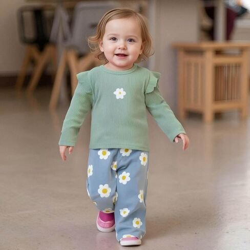 TheFound Toddler Girls Fall Outfits Floral Ruffles Long Sleeve Shirt Top Pants Baby Girl Clothes 6 12 18 24 Months 2T 3T 4T in Saudi Arabia