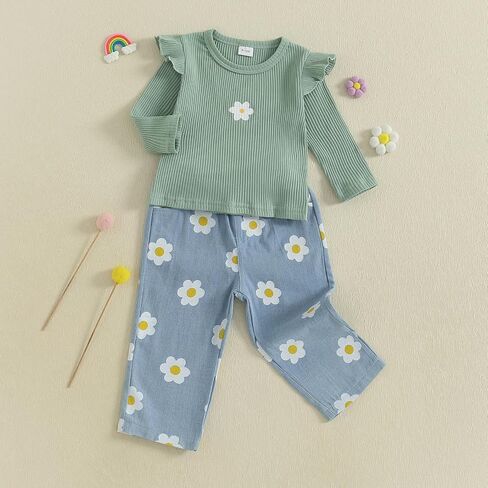 TheFound Toddler Girls Fall Outfits Floral Ruffles Long Sleeve Shirt Top Pants Baby Girl Clothes 6 12 18 24 Months 2T 3T 4T in Saudi Arabia