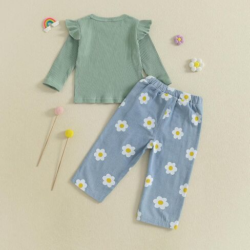 TheFound Toddler Girls Fall Outfits Floral Ruffles Long Sleeve Shirt Top Pants Baby Girl Clothes 6 12 18 24 Months 2T 3T 4T in Saudi Arabia