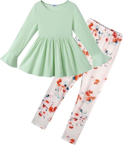 Arshiner Girls 2 Piece Clothing Set Floral Ruffle Hem Bell Sleeve Top and Leggings Fall Winter Outfits for 2-10 Years in Saudi Arabia