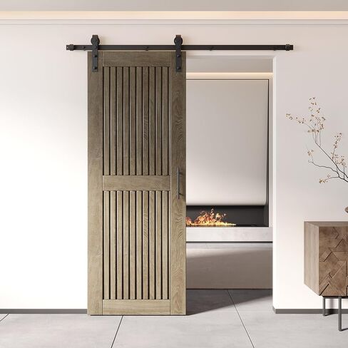 Homacer Classic Gray 50 in. x 80 in. Vertical Stripe Design Barn Door with Non-Bypass Installation Hardware Kit, 9ft Track, Interior use only in Saudi Arabia