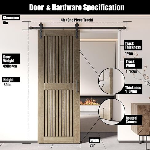 Homacer Classic Gray 50 in. x 80 in. Vertical Stripe Design Barn Door with Non-Bypass Installation Hardware Kit, 9ft Track, Interior use only in Saudi Arabia