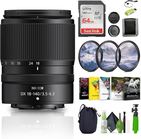 Nikon NIKKOR Z DX 18-140mm f/3.5-6.3 VR Compact Zoom Lens + Memory Card Wallet + Ultra 64GB Memory Card + Card Reader + 3 Piece Filter Kit + 12 Inch Flex Tripod + Photo Editing Software + More in Saudi Arabia