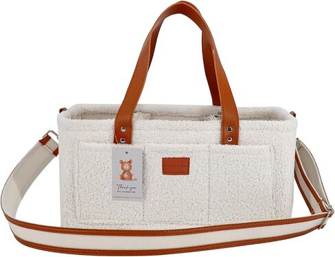 Momy & Me Teddy Velvet Baby Diaper Caddy – Portable Nursery Storage Basket & Car Organizer | Oatmeal Baby Diaper Bag Organizer with Leather Shoulder Strap | Baby Essentials | Baby Bag For Mom in Saudi Arabia