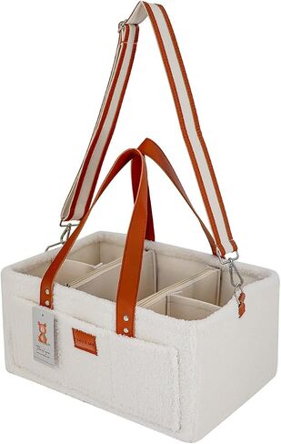 Momy & Me Teddy Velvet Baby Diaper Caddy – Portable Nursery Storage Basket & Car Organizer | Oatmeal Baby Diaper Bag Organizer with Leather Shoulder Strap | Baby Essentials | Baby Bag For Mom in Saudi Arabia