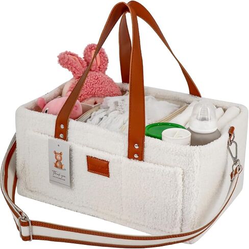 Momy & Me Teddy Velvet Baby Diaper Caddy – Portable Nursery Storage Basket & Car Organizer | Oatmeal Baby Diaper Bag Organizer with Leather Shoulder Strap | Baby Essentials | Baby Bag For Mom in Saudi Arabia