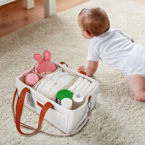 Momy & Me Teddy Velvet Baby Diaper Caddy – Portable Nursery Storage Basket & Car Organizer | Oatmeal Baby Diaper Bag Organizer with Leather Shoulder Strap | Baby Essentials | Baby Bag For Mom in Saudi Arabia