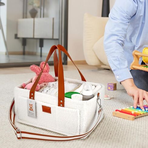 Momy & Me Teddy Velvet Baby Diaper Caddy – Portable Nursery Storage Basket & Car Organizer | Oatmeal Baby Diaper Bag Organizer with Leather Shoulder Strap | Baby Essentials | Baby Bag For Mom in Saudi Arabia