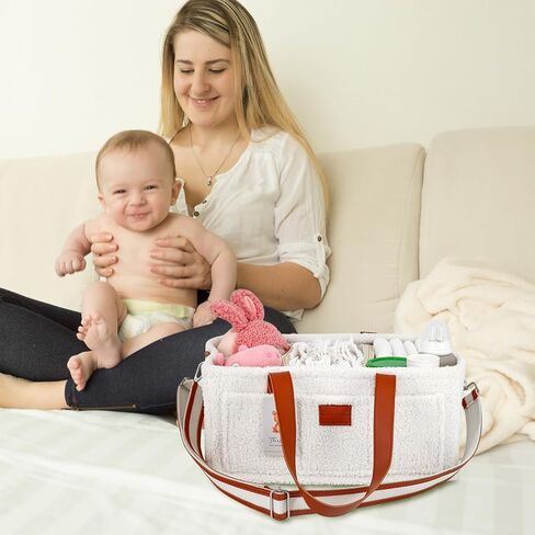 Momy & Me Teddy Velvet Baby Diaper Caddy – Portable Nursery Storage Basket & Car Organizer | Oatmeal Baby Diaper Bag Organizer with Leather Shoulder Strap | Baby Essentials | Baby Bag For Mom in Saudi Arabia