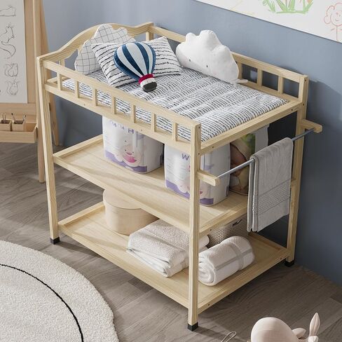 طاولة تغيير الأطفال مع أرفف التخزين ، خشب الصنوبر الخشب المحمولة حفاضات الحفاضات المتغيرة للرضع ، غرفة الأطفال ، غرفة نوم ، طبيعية in Kuwait