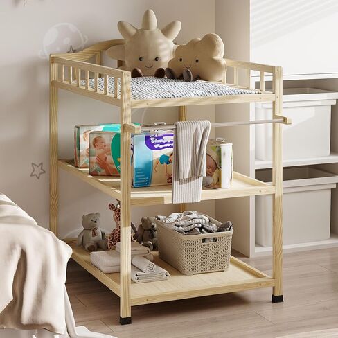 طاولة تغيير الأطفال مع أرفف التخزين ، خشب الصنوبر الخشب المحمولة حفاضات الحفاضات المتغيرة للرضع ، غرفة الأطفال ، غرفة نوم ، طبيعية in Kuwait