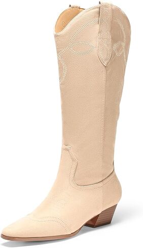 Coutgo Womens Cowboy Western Boots with Embroidered Square Toe Chunky Heel Mid Calf Boots Fall Winter Shoes in Saudi Arabia