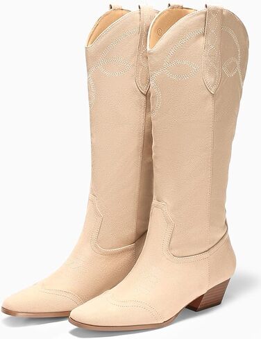 Coutgo Womens Cowboy Western Boots with Embroidered Square Toe Chunky Heel Mid Calf Boots Fall Winter Shoes in Saudi Arabia