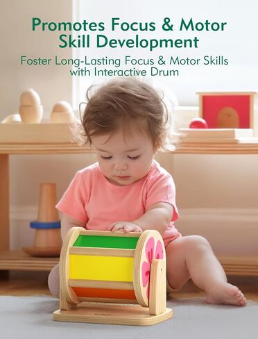 Boby Montessori Spinning Drum: Sensory Experience for Babies 6-12 Months - Engage, Explore, and Learn with Our Wooden Infant Toy in Saudi Arabia