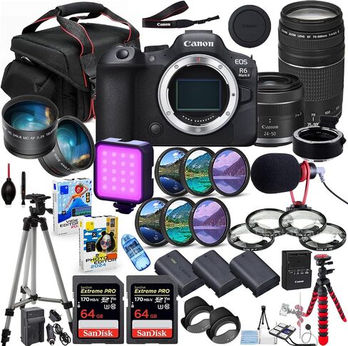 Canon EOS R6 Mark II Mirrorless Camera with 24-50mm & 75-300mm Lens Bundle + Premium Package Including 128GB Extreme Memory, Microphone, LED Light, Photo-Video Software & More (39 Pieces) (Renewed) in Saudi Arabia