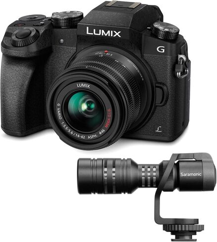 Panasonic LUMIX G7 Mirrorless Camera with 14-42mm f/3.5-5.6 Lens (Black) Bundle with Ultracompact Camera-Mountable Shotgun Microphone (2 Items) in Saudi Arabia