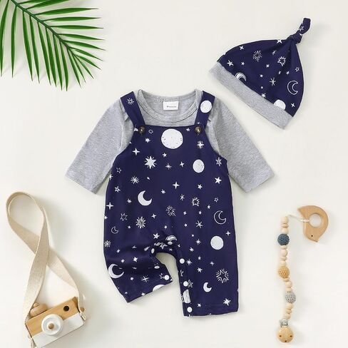 ملابس صبي الأطفال حديثي الولادة preemie-12m Boy بأكمام طويلة Romper + بنطلون مطبوع منقوش + قبعة لطيفة 3pcs ملابس الطفل in Kuwait