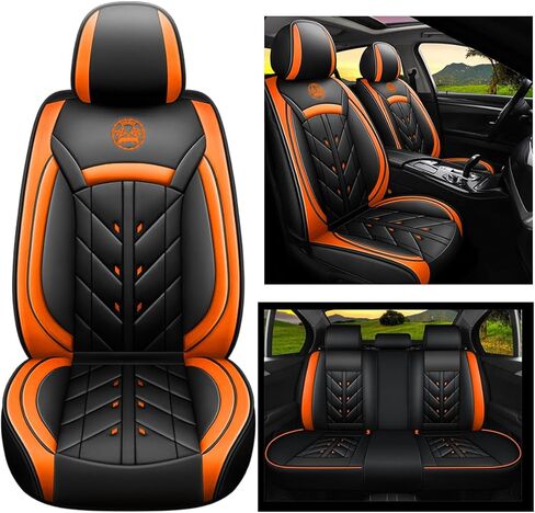 أغطية مقاعد السيارة الجلدية المريحة 5 مقاعد مجموعة كاملة تناسب الجميع (أسود وأصفر) in Kuwait