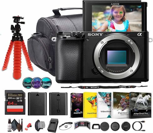 Sony a6100 Mirrorless Camera (ILCE6100B) | 24.2MP APS-C Sensor, Fast Autofocus, Real-Time Eye AF, 4K Video Recording + Photo Software + 64GB Card + NP-FW50 Battery + Camera Bag + Charger + Lens in Saudi Arabia