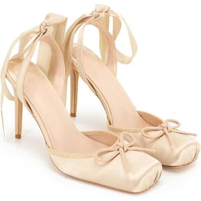 ساتان الباليه كعب الدانتيل حتى مغلق مربع أخمص القدمين الخنشة عالية القوس راقصة الباليه مضخ in Kuwait