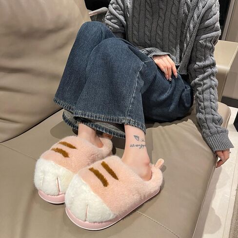 Cat Paw Slippers for Women, Cute Funny 3D Cat Paw Cartoon Slipper Warm Fluffy Furry Winter House Shoes in Saudi Arabia