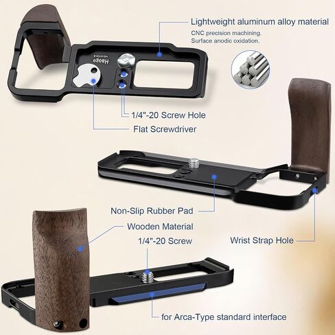 Haoge Wooden Side Handle for Sony A7CR a7cii Camera - Premium Rosewood Grip with Quick Release Plate, Extra Tripod 1/4 Hole & Hand Strap Hole Black HG-A7CR-B in Saudi Arabia