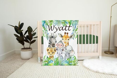 حيوانات Safari Baby بطانية مخصصة بالاسم ، مخصصة للأولاد ، تترك حديقة حيوانات الغابة الخضراء أطفالًا مخصصين للأطفال ، ودرمة الحضانة 30 × 40 بوصة (05 صرف أخضر) in Kuwait