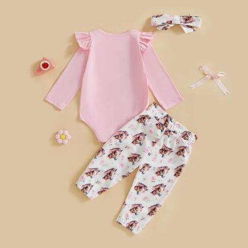 Western Toddler Girl Outfits Ruffle Set Funny Letter Cowgirl Boots Romper Pants Headband Farm Baby Clothes in Kuwait