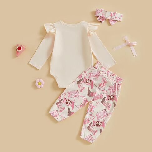 Western Toddler Girl Outfits Ruffle Set Funny Letter Cowgirl Boots Romper Pants Headband Farm Baby Clothes in Kuwait