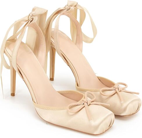 ساتان الباليه كعب الدانتيل حتى مغلق مربع أخمص القدمين الخنشة عالية القوس راقصة الباليه مضخ in Kuwait