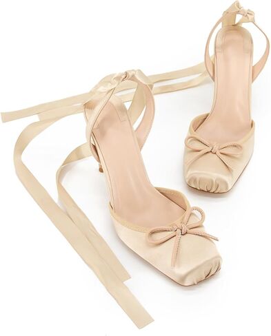 ساتان الباليه كعب الدانتيل حتى مغلق مربع أخمص القدمين الخنشة عالية القوس راقصة الباليه مضخ in Kuwait