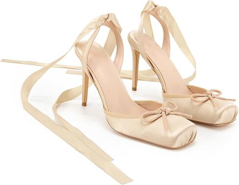 ساتان الباليه كعب الدانتيل حتى مغلق مربع أخمص القدمين الخنشة عالية القوس راقصة الباليه مضخ in Kuwait