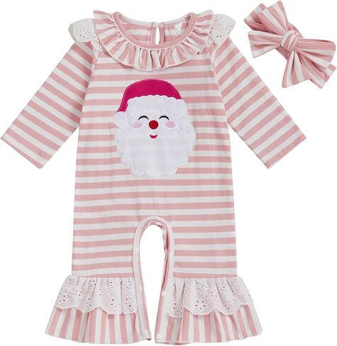 Infant Newborn Baby Girl Christmas Clothes Santa Claus Long Sleeve Romper Jumpsuit Striped One Piece Outfit in Saudi Arabia