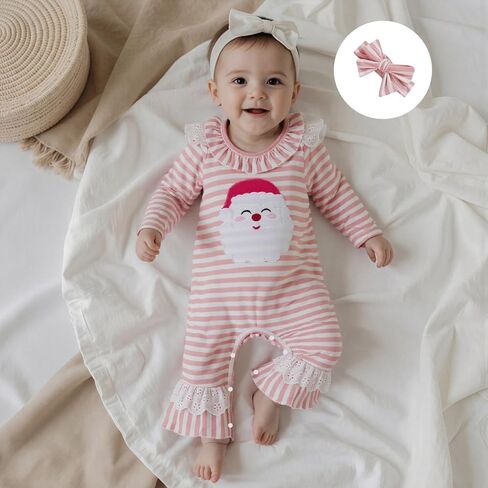Infant Newborn Baby Girl Christmas Clothes Santa Claus Long Sleeve Romper Jumpsuit Striped One Piece Outfit in Saudi Arabia
