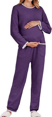 V FOR CITY Maternity Pajamas Women Fleece 2 Piece Lounge Set with Pockets Color Block Long Sleeve Sleepwear Winter in Saudi Arabia
