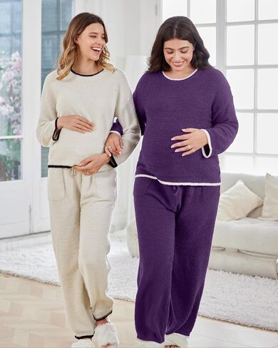 V FOR CITY Maternity Pajamas Women Fleece 2 Piece Lounge Set with Pockets Color Block Long Sleeve Sleepwear Winter in Saudi Arabia