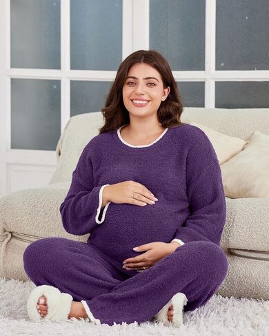 V FOR CITY Maternity Pajamas Women Fleece 2 Piece Lounge Set with Pockets Color Block Long Sleeve Sleepwear Winter in Saudi Arabia