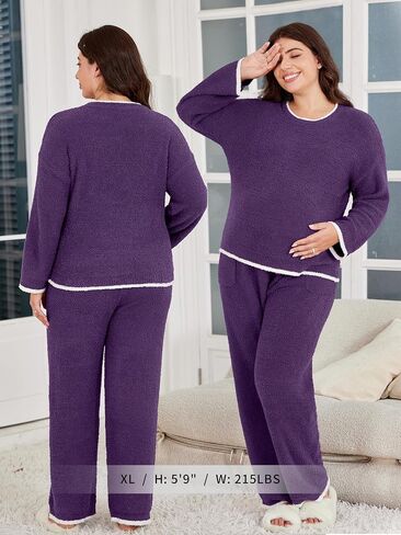 V FOR CITY Maternity Pajamas Women Fleece 2 Piece Lounge Set with Pockets Color Block Long Sleeve Sleepwear Winter in Saudi Arabia