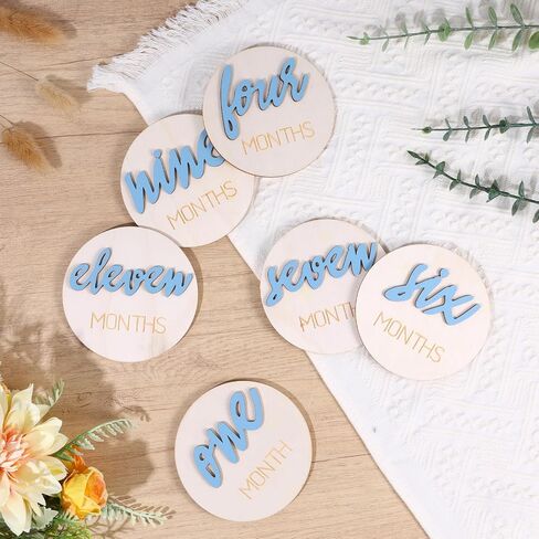 6 Pcs Wooden Baby Monthly Milestone signs,1-12 Months Milestone signs for Photos with Double-Sided 3D Engraving Newborn Age Signs for Baby (Blue) in Saudi Arabia