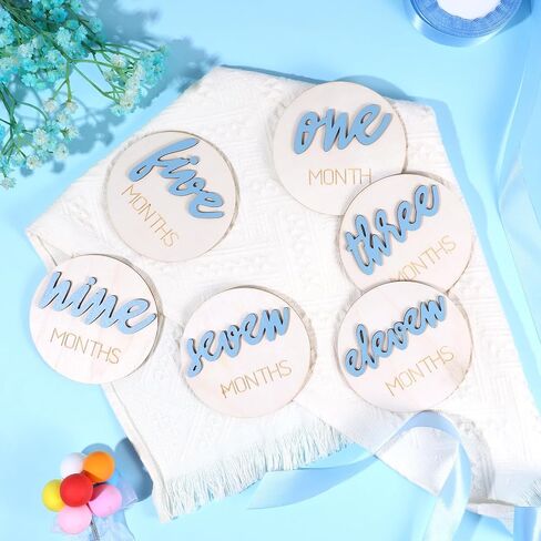 6 Pcs Wooden Baby Monthly Milestone signs,1-12 Months Milestone signs for Photos with Double-Sided 3D Engraving Newborn Age Signs for Baby (Blue) in Saudi Arabia