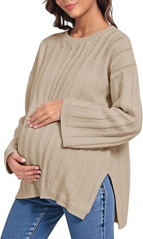 Saodimallsu Womens Maternity Sweater Tops Casual Cable Knit Crewneck Long Sleeve Split Fall Pullover Pregnancy Clothes in Saudi Arabia