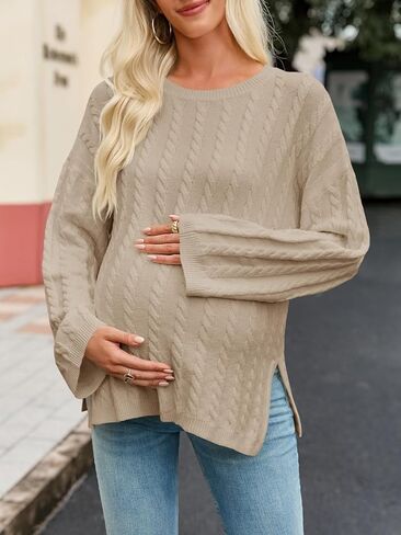 Saodimallsu Womens Maternity Sweater Tops Casual Cable Knit Crewneck Long Sleeve Split Fall Pullover Pregnancy Clothes in Saudi Arabia