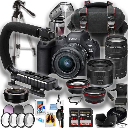 Canon EOS R6 Mark II Mirrorless Camera with 24-50mm and EF 75-300mm Lens + 2X Sandisk 64GB Extreme Memory Card + TTL Flash U-Grip + Tripod + More (25pc Bundle) (Renewed) in Saudi Arabia