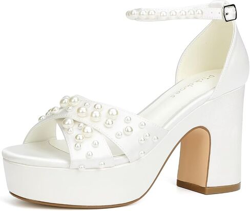 Women's Platform Heels Pearl Wedding Shoes for Bride Open Toe Chunky Heel Bridal Sandals in Saudi Arabia