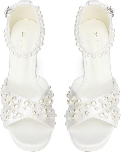 Women's Platform Heels Pearl Wedding Shoes for Bride Open Toe Chunky Heel Bridal Sandals in Saudi Arabia