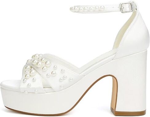 Women's Platform Heels Pearl Wedding Shoes for Bride Open Toe Chunky Heel Bridal Sandals in Saudi Arabia