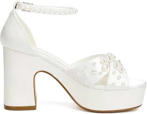 Women's Platform Heels Pearl Wedding Shoes for Bride Open Toe Chunky Heel Bridal Sandals in Saudi Arabia