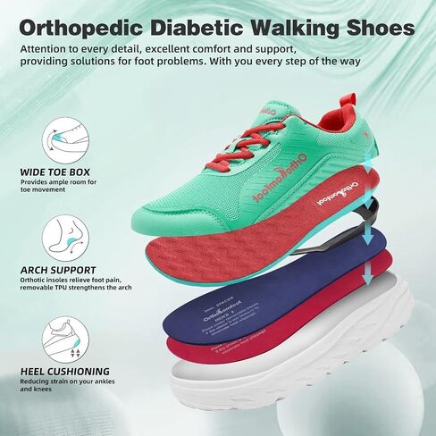 Women's Orthopedic Diabetic Walking Shoes: Wide Toe Box Comfortable Casual Arch Support Plantar Fasciitis Orthotic Sneakers, High Arch Swollen Work Tennis Sports Shoes for Foot and Heel Pain Relief in Saudi Arabia
