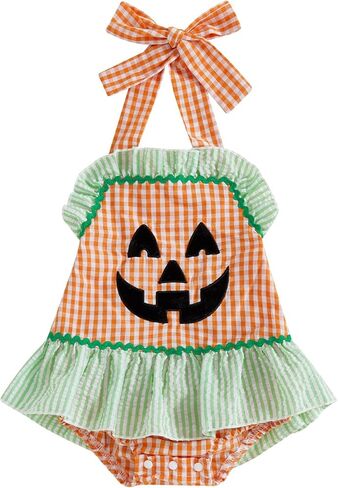 Newborn Baby Girl Halloween Outfit Halter Pumpkin Face/Ghost Embroidery Plaid/Stripe Ruffle Romper Dress in Kuwait