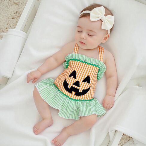 Newborn Baby Girl Halloween Outfit Halter Pumpkin Face/Ghost Embroidery Plaid/Stripe Ruffle Romper Dress in Kuwait